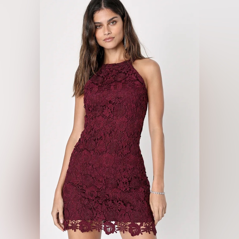 Love Poem Burgundy Lace Halter Mini Dress